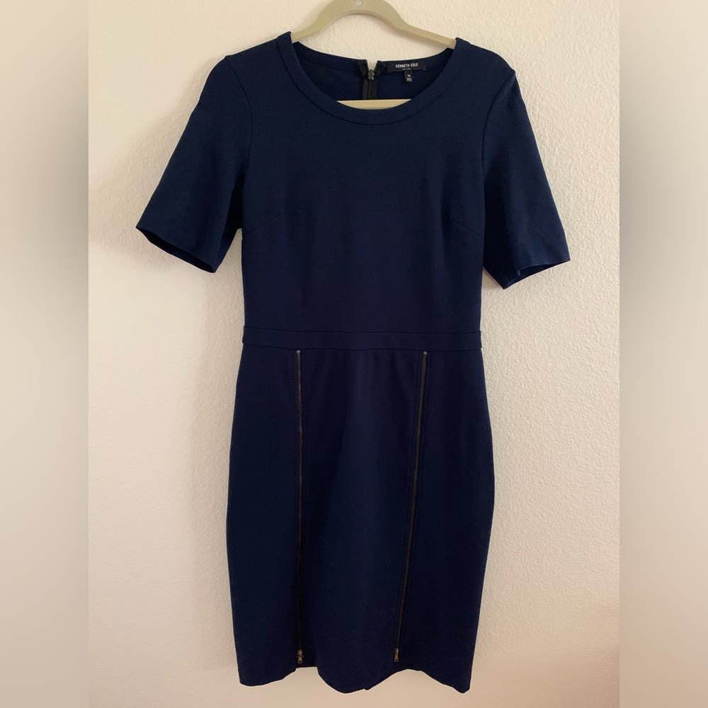 Kenneth Cole Dark Blue Knit Dress Size 10 with zipper detail on front